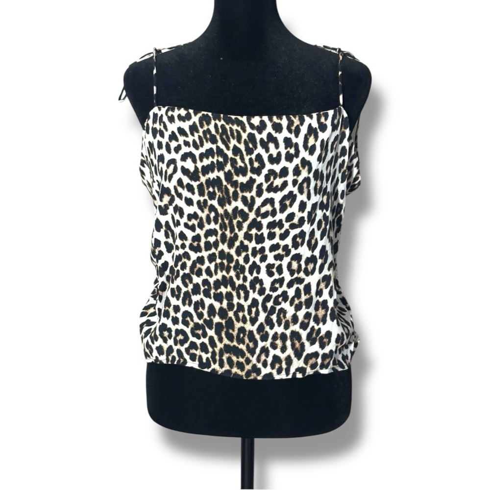 H&M NWT Tie Strap Rouched Back Light Beige/Leopard Print Draped Camisole Top - Picture 2 of 15